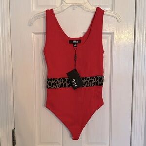 Hera Collection Red Bodysuit with Leopard Print Band